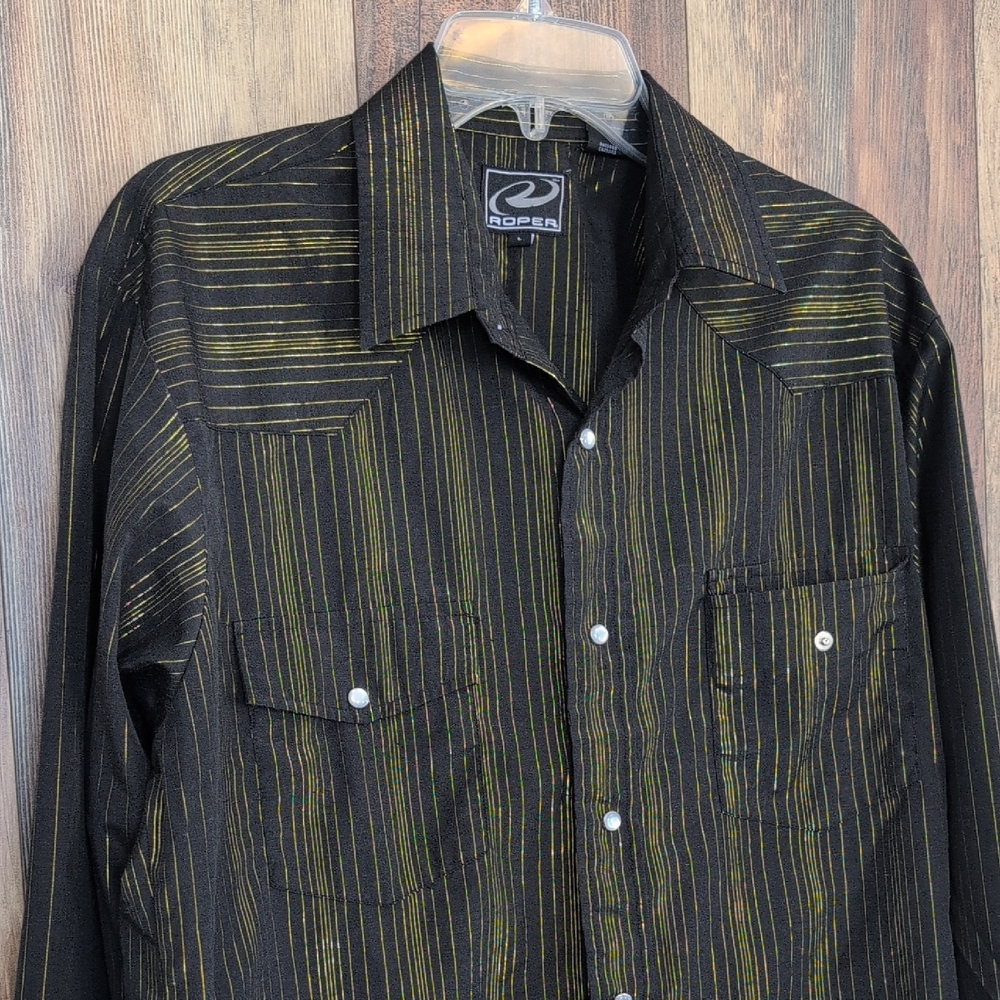 Roper Black and Gold Striped Snap Button Down Men's Shirt L       M292